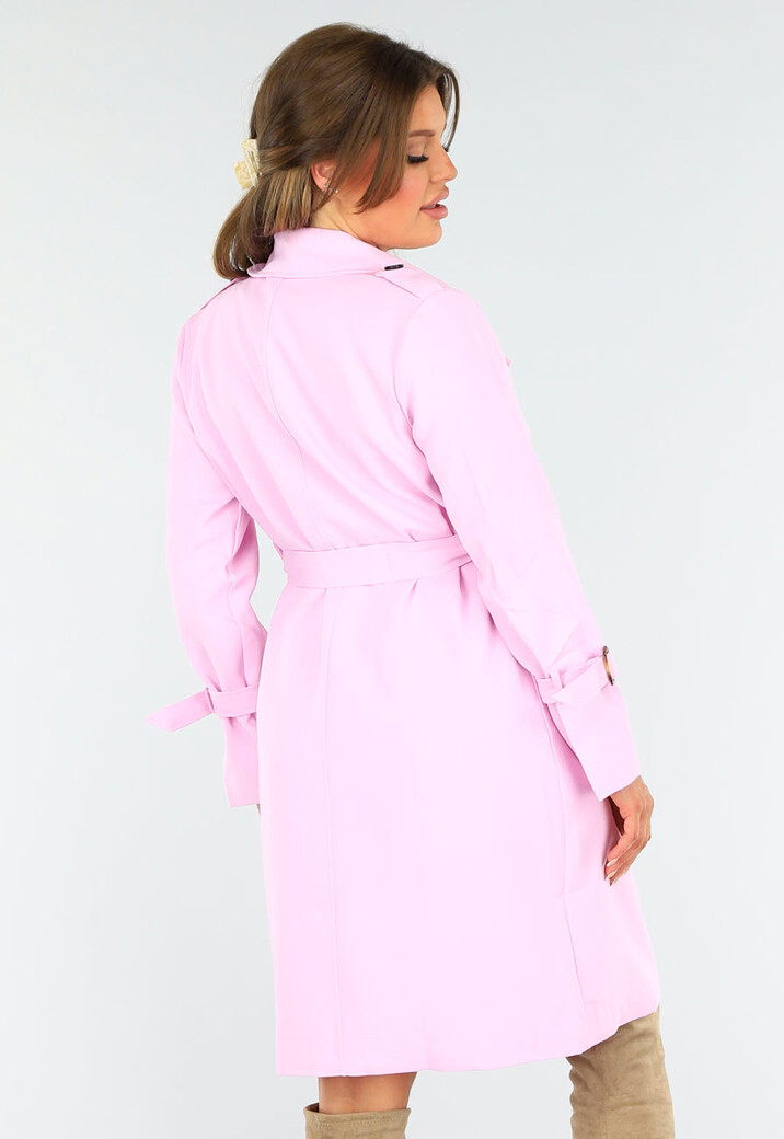 Felroze Trenchcoat met Gesp Detail en Knoop- en Striksluiting