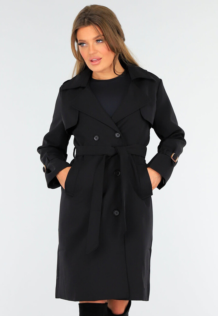 Zwarte Trenchcoat met Knoopsluiting en Gespjes