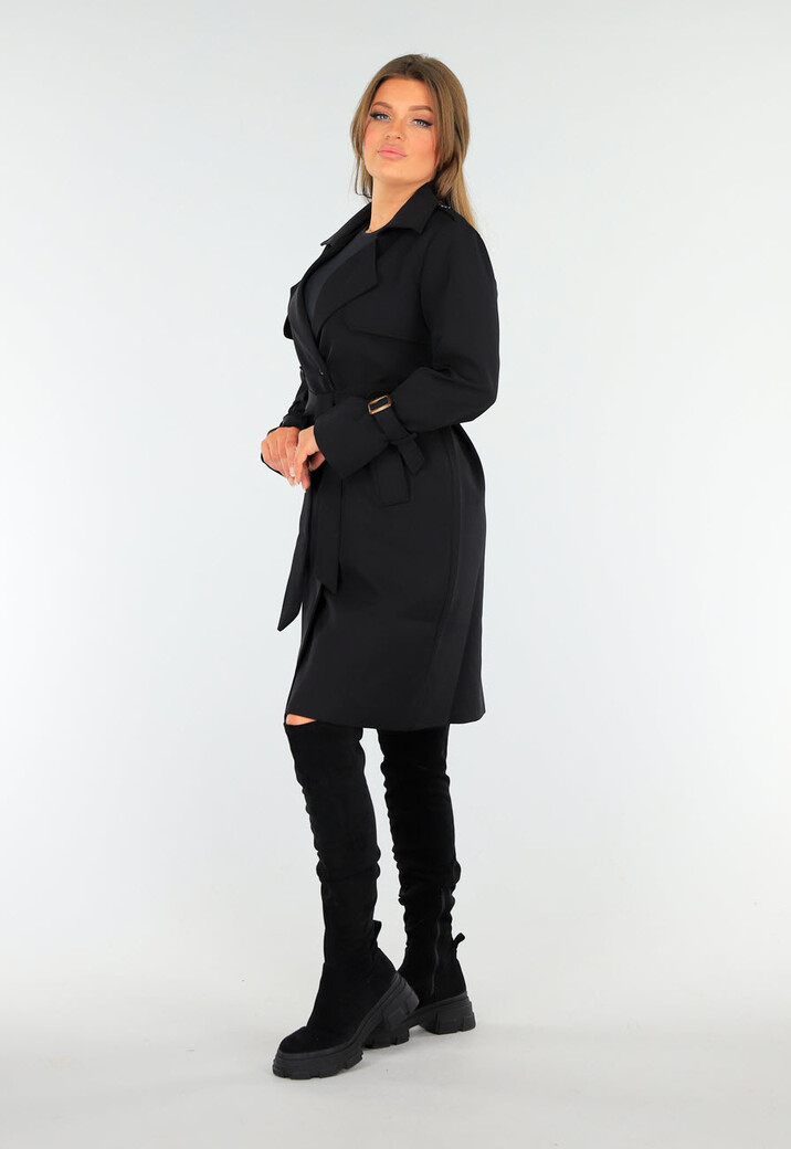 Zwarte Trenchcoat met Knoopsluiting en Gespjes