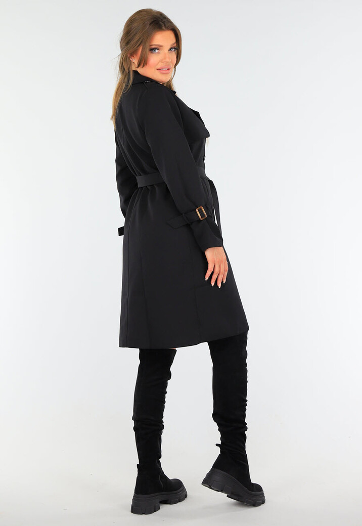 Zwarte Trenchcoat met Knoopsluiting en Gespjes