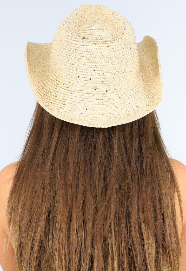 Beige Cowboy Hoed met Aantrekkoord en Pailletten
