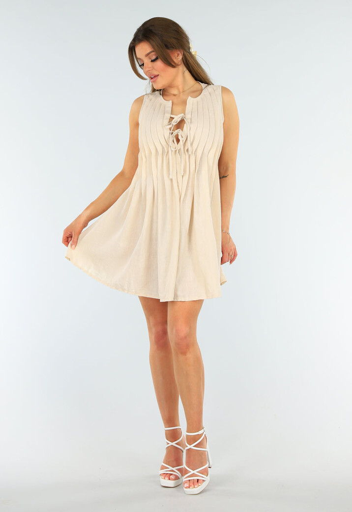 Geplooid Beige Jurkje met Striksluiting  en Losse Fit