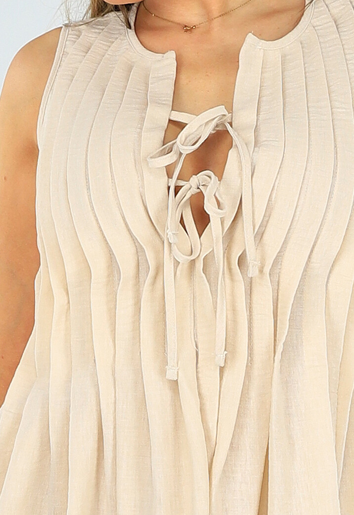 Geplooid Beige Jurkje met Striksluiting  en Losse Fit