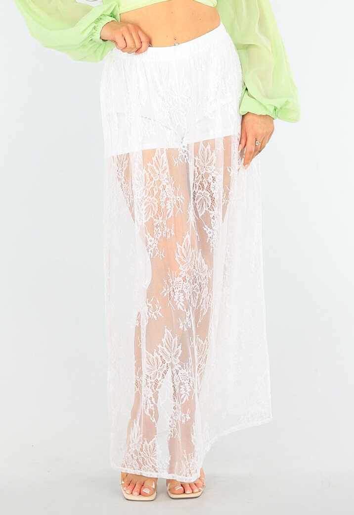 Witte Kanten Maxi Rok met Ingewerkt Stretch Broekje en Tailleband