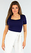 Donkerblauwe Stretch Top met Kanten Randje Ronde Hals