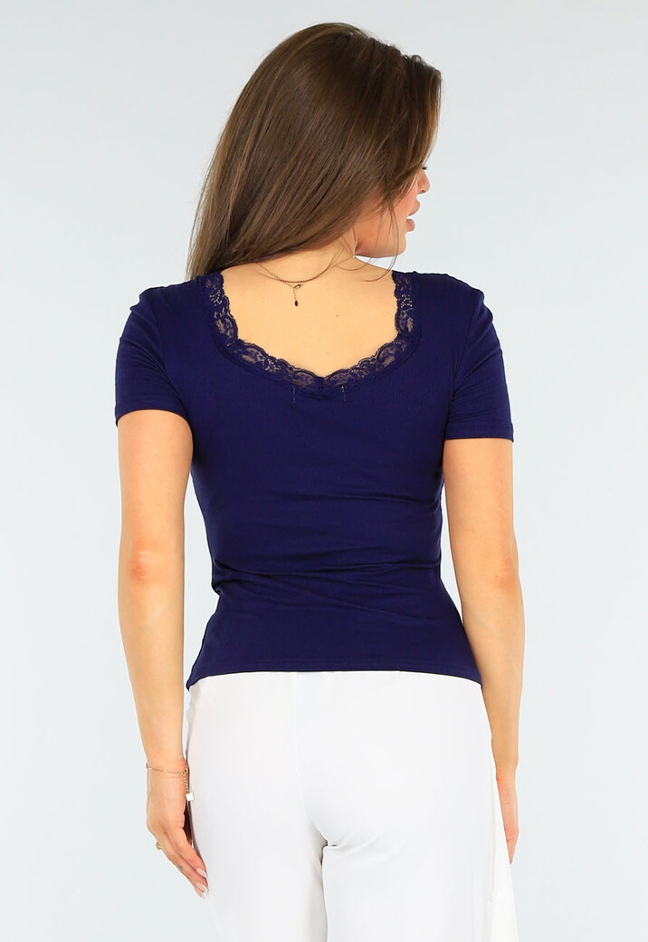 Donkerblauwe Stretch Top met Kanten Randje Ronde Hals