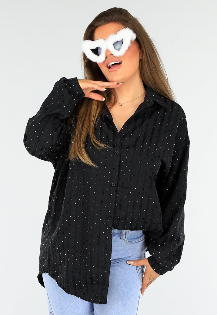 Zwarte Glitter Blouse met Knoopsluiting en Kraag
