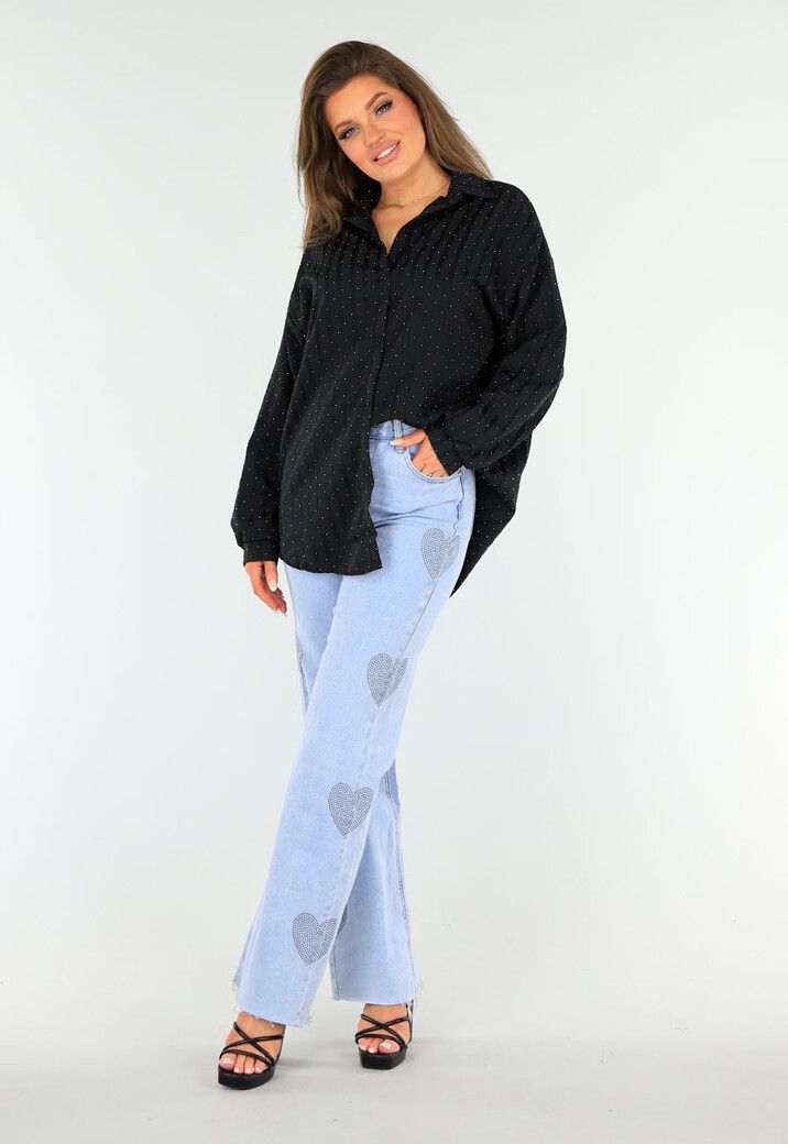 Zwarte Glitter Blouse met Knoopsluiting en Kraag