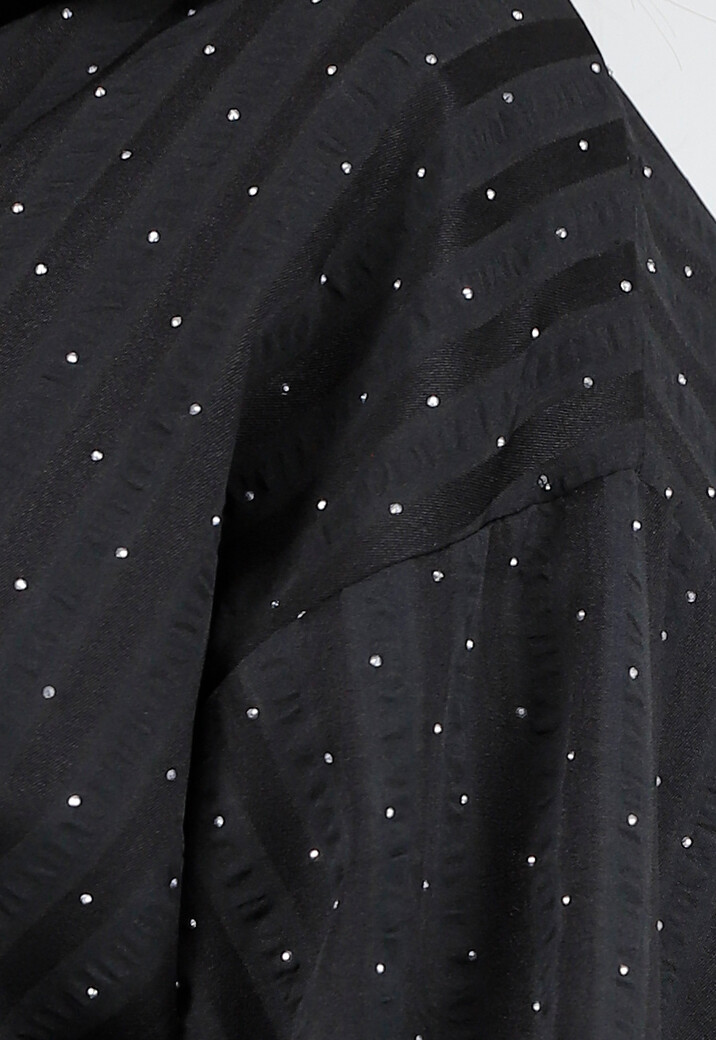 Zwarte Glitter Blouse met Knoopsluiting en Kraag