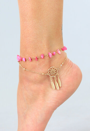 Goudkleurig Enkelbandje met Roze Steentjes