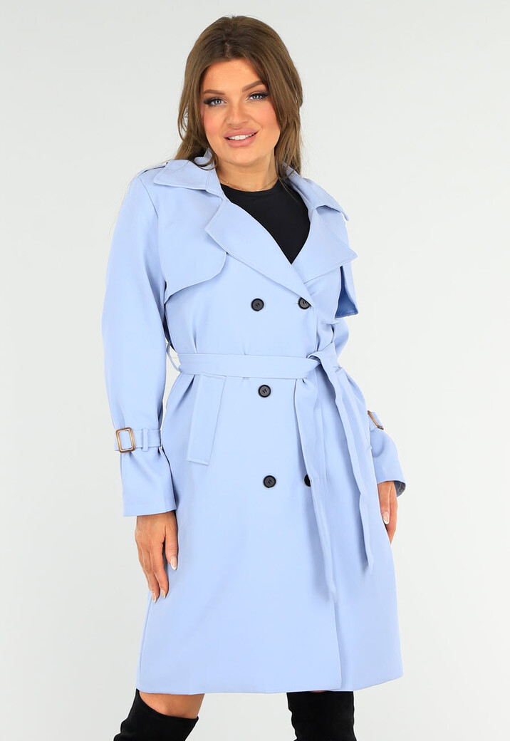 Lichblauwe Voorjaarsjas met Gesp Detail en Knoopsluiting