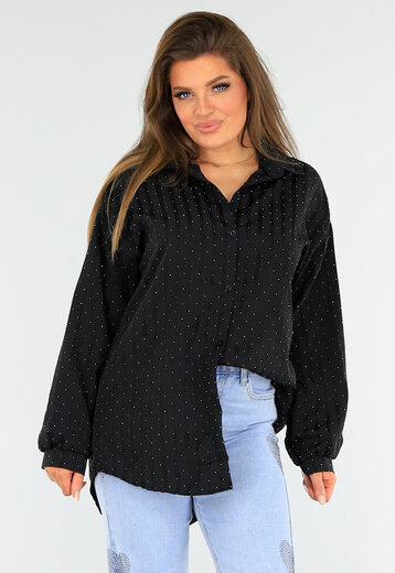 Zwarte Gestreepte Oversized Glitter Blouse met Knoopsluiting