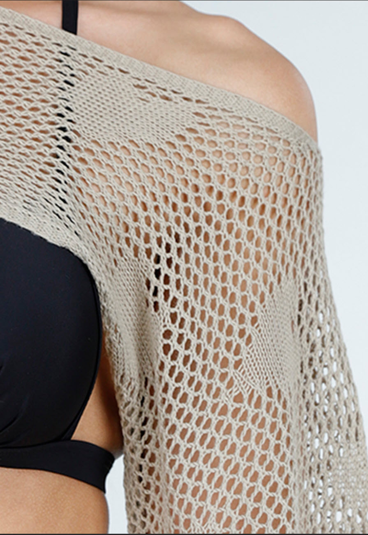 Khaki Gehaakte Cover-Up Set met Hartjesmotief en Bijpassende Bolero