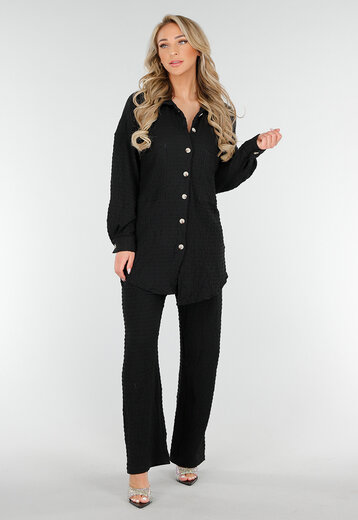 Zwarte Crinkle Stretch Set met Blouse en Broek