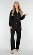Zwarte Crinkle Set met Doorknoop Blouse en Rechte Broek met Elastische Tailleband