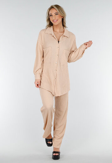Beige Crinkle Set met Blouse en Broek
