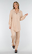 Beige Crinkle Stretch Set met Doorknoop Blouse en Rechte Broek met Elastische Tailleband