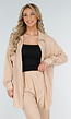 Beige Crinkle Stretch Set met Doorknoop Blouse en Rechte Broek met Elastische Tailleband