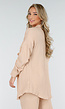 Beige Crinkle Stretch Set met Doorknoop Blouse en Rechte Broek met Elastische Tailleband