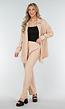 Beige Crinkle Stretch Set met Doorknoop Blouse en Rechte Broek met Elastische Tailleband
