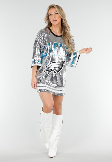 Zilverkleurige Pailletten Jersey Jurk met Lichtblauwe Details