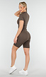 Bruine Sportset met Korte Mouwen Jasje en Shapewear Short met Hoge Tailleband