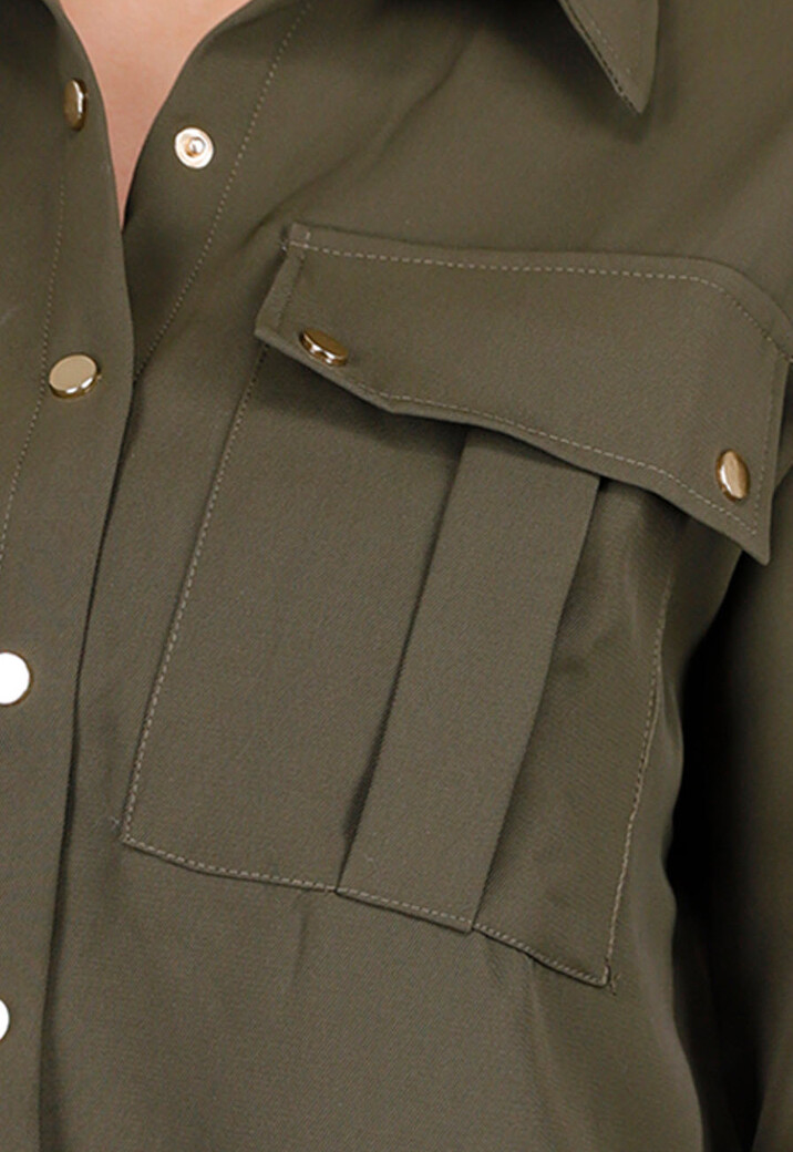 Khaki Set met Blouse en Straight Leg Broek met Gouden Knopen