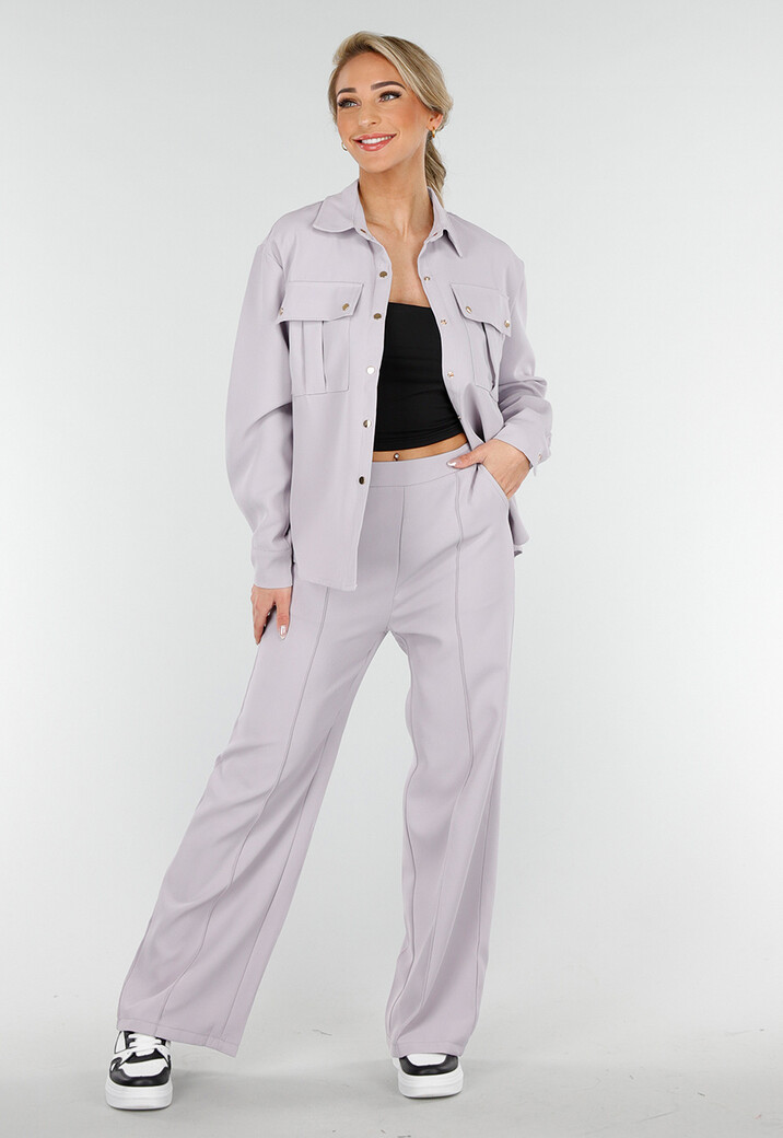 Grijze Set met Blouse en Straight Leg Broek met Gouden Knopen