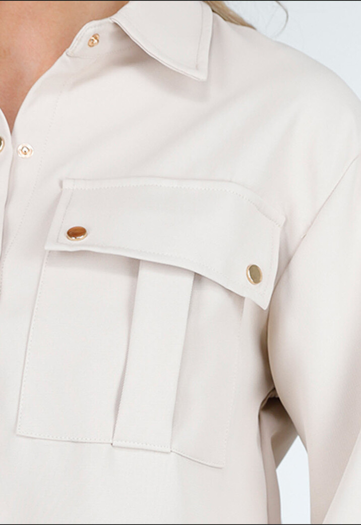 Beige Tweedelige Set met Blouse met Borstzakken en Wijde Broek