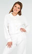 Witte Crinkle Stretch Set met Doorknoop Blouse en Rechte Broek met Elastische Tailleband
