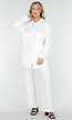 Witte Crinkle Stretch Set met Doorknoop Blouse en Rechte Broek met Elastische Tailleband