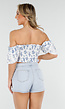 Witte Crop Top met Bloemetjesprint en Gesmockte Stretchstof en Ruffle Mouwen