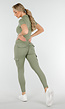 Khaki Sportset met Cargo Zakken, Ritsjack en High-Waisted Legging