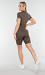 Bruine Sportset met Korte Mouwen Jasje en Shapewear Short met Hoge Tailleband