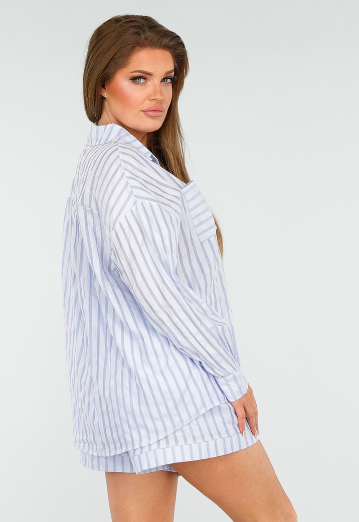 Blauwe Set van Short en Blouse met Streepjes en Elastische Tailleband