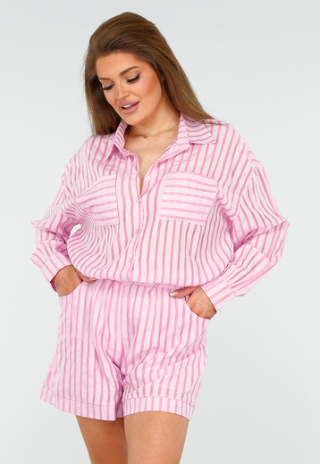 Roze Gestreepte Two-Piece met Short en Blouse