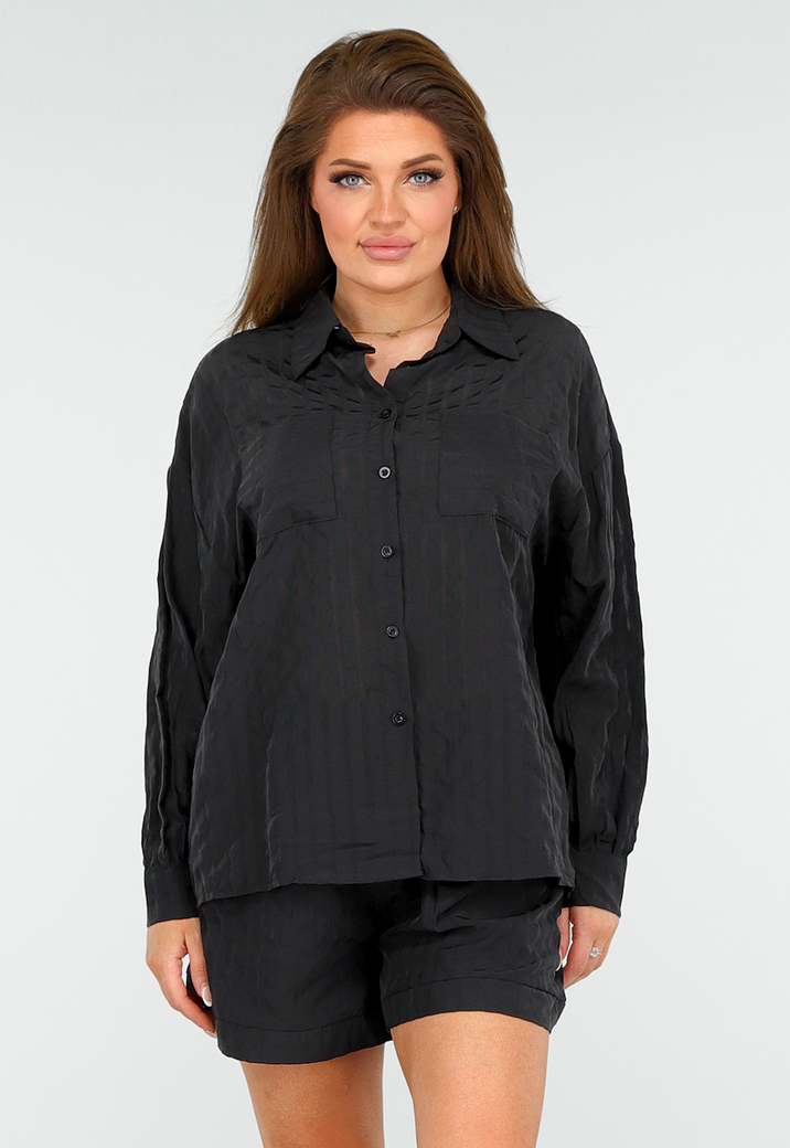 Zwarte Set van Short en Blouse met Streepjes en Elastische Tailleband