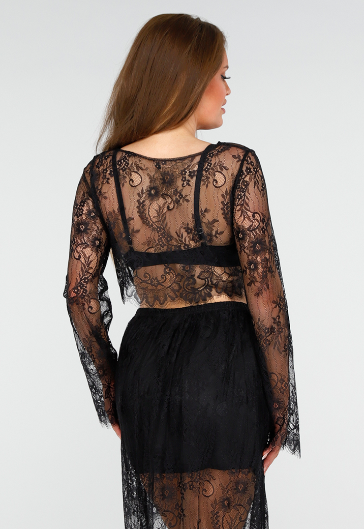 Zwarte Kanten Set met Top en Maxi Rok met Onderrok