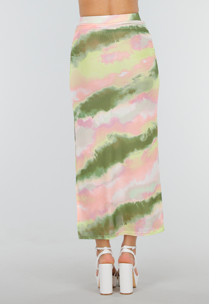 Groen Roze High Waist Stretch Maxirok met Plooien