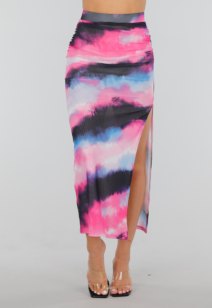 Multicolour High Waist Maxi Stretch Rok met Tailleband en Plooien