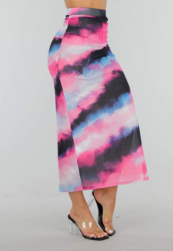 Multicolour High Waist Maxi Stretch Rok met Tailleband en Plooien