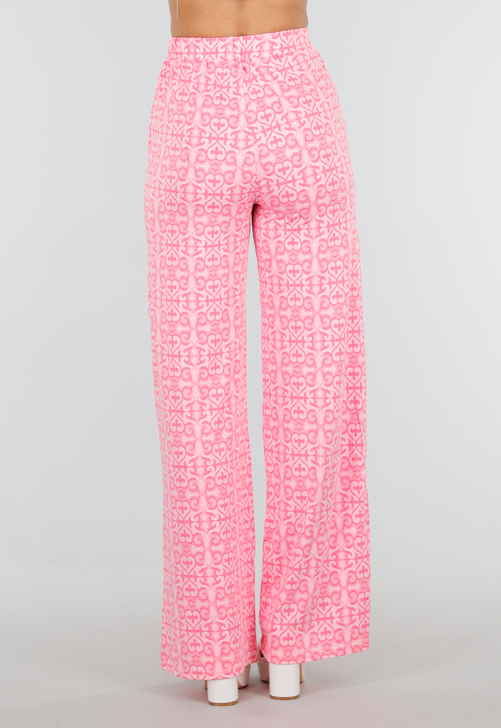 Roze High Waist Stretch Broek met Barokprint en Tailleband