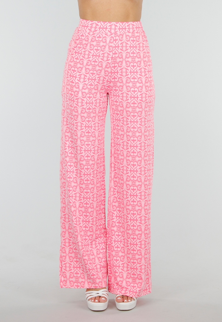 Roze High Waist Stretch Broek met Barokprint en Tailleband