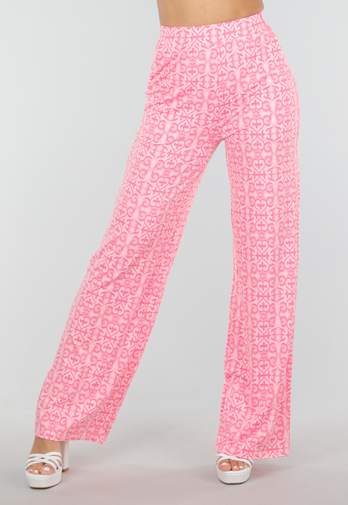Roze High Waist Stretch Broek met Barokprint en Tailleband