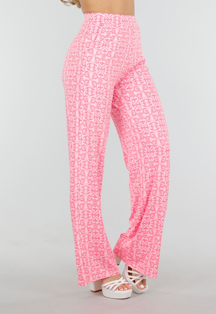 Roze High Waist Stretch Broek met Barokprint en Tailleband