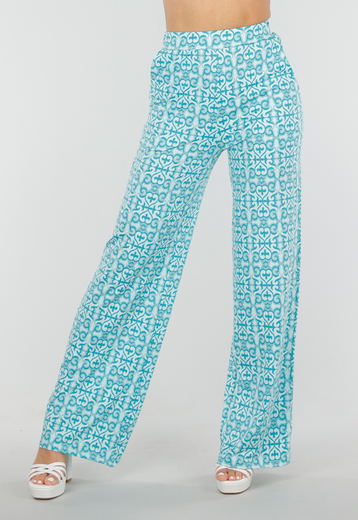 Azuurblauwe Barokprint Stretch Broek met High Waist Fit