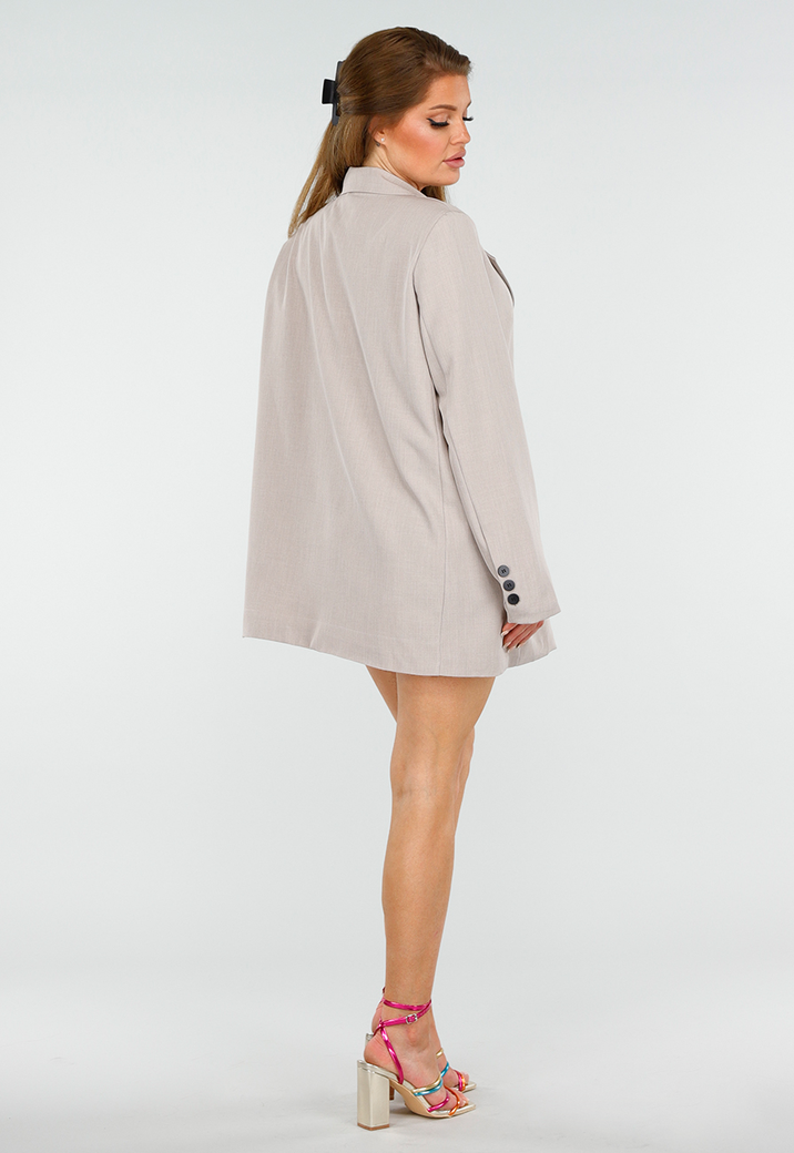 Beige Oversized Blazer met Knoopsluiting, Schoudervulling en Klepzakken