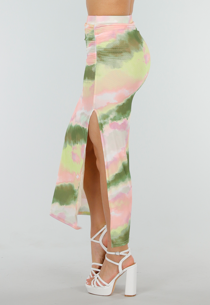 Groen Roze High Waist Stretch Maxirok met Plooien