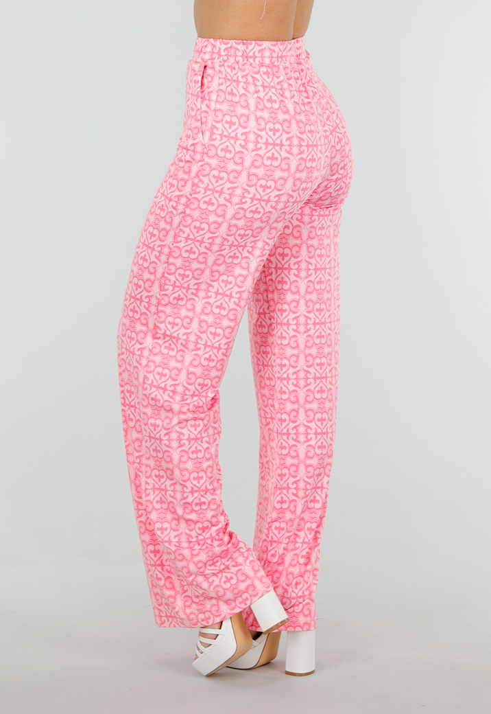 Roze High Waist Stretch Broek met Barokprint en Tailleband