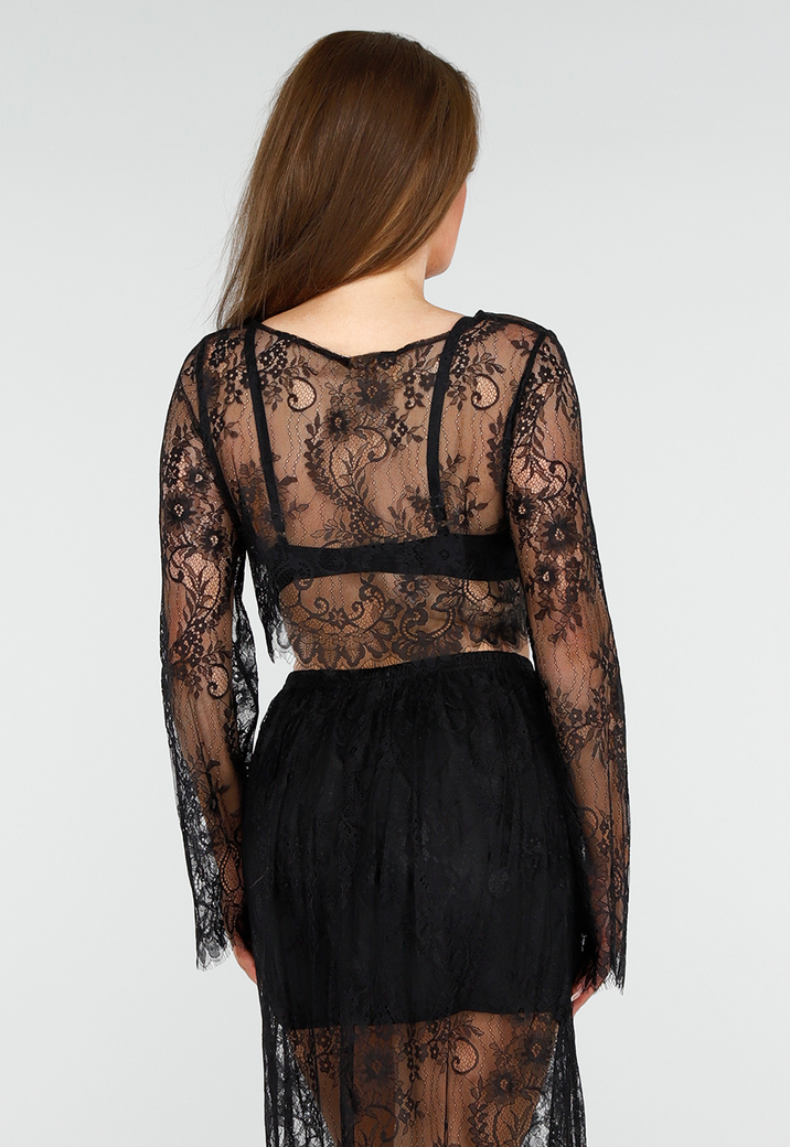 Zwarte Kanten Set met Top en Maxi Rok met Onderrok